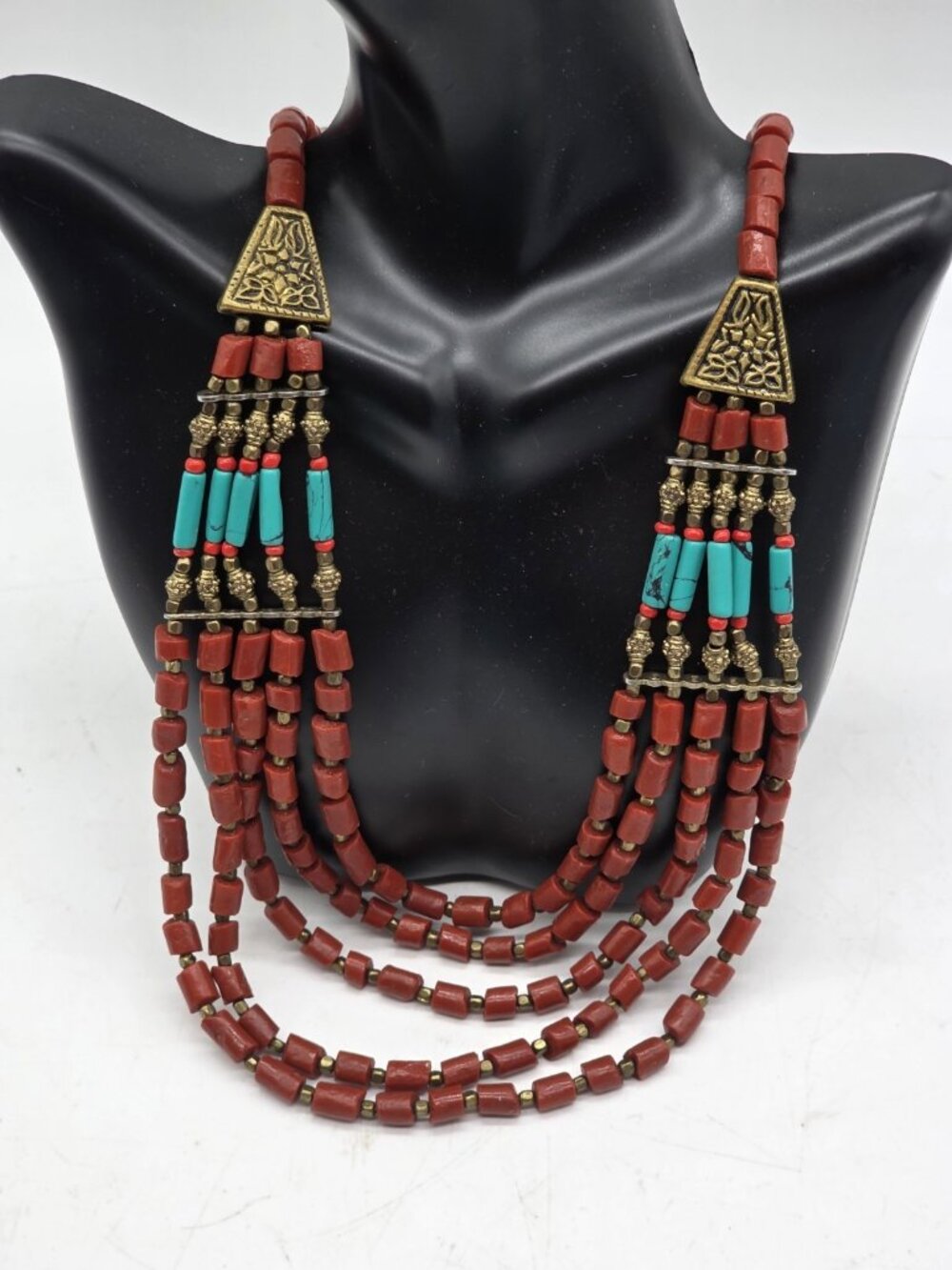 Tibetan Jewelry Multi-Strand Necklace Statement Boho Faux Turquoise & Coral - Picture 2 of 10